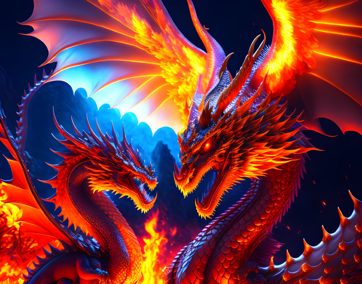 Fiery dragons roaring against dark backdrop