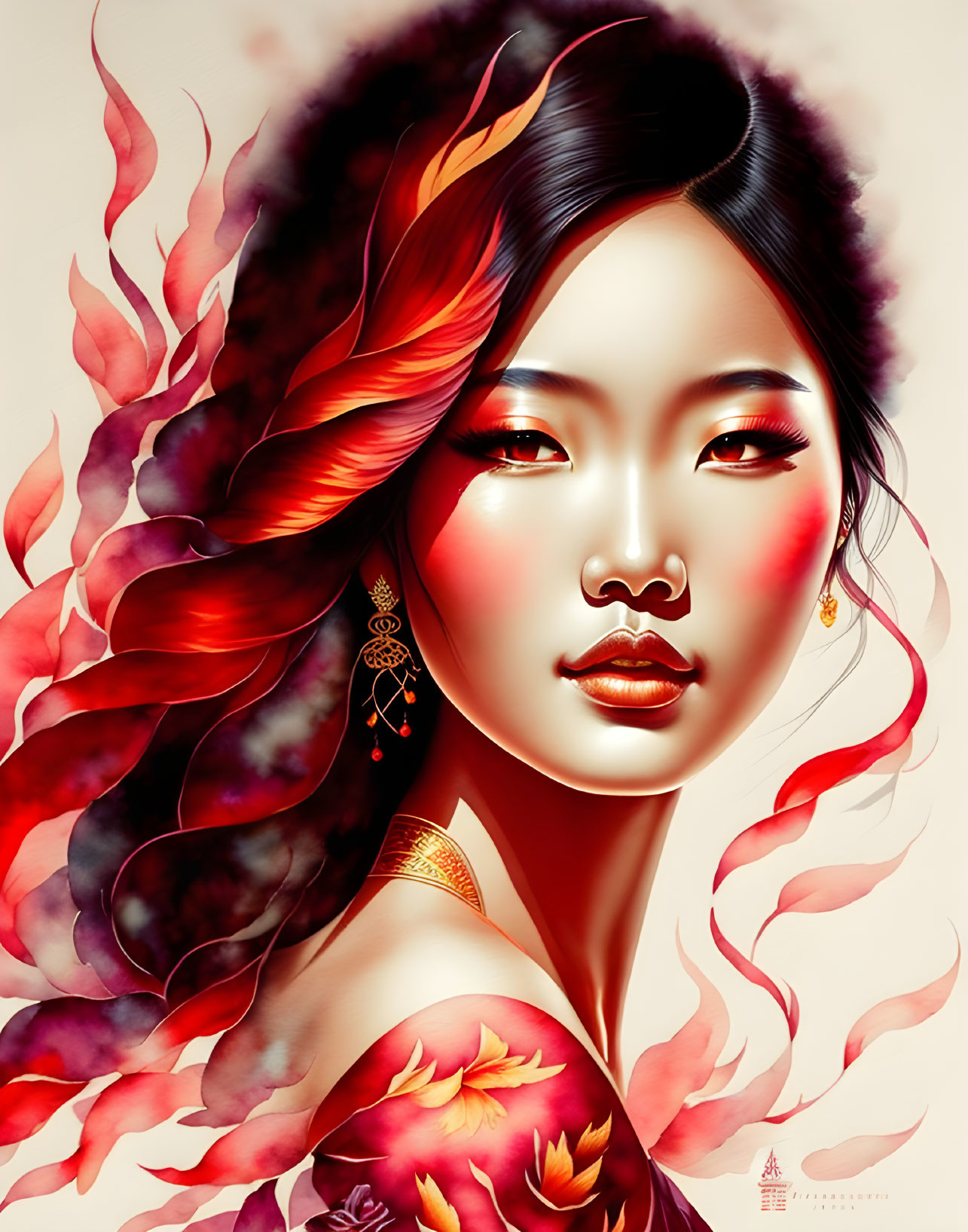 Dark-haired woman with fiery red accents in front of crimson flames.