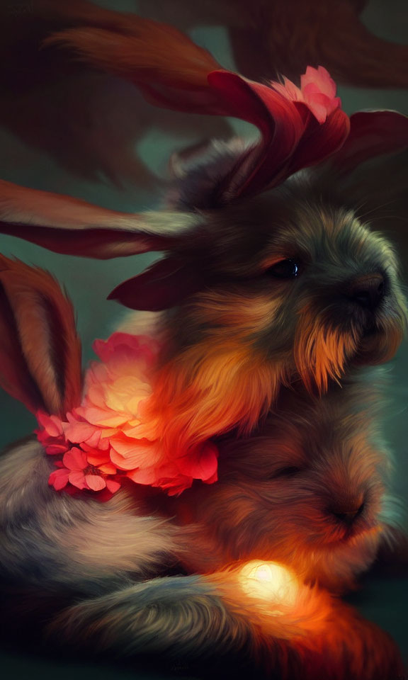 Fluffy rabbit with red flowers in soft glow