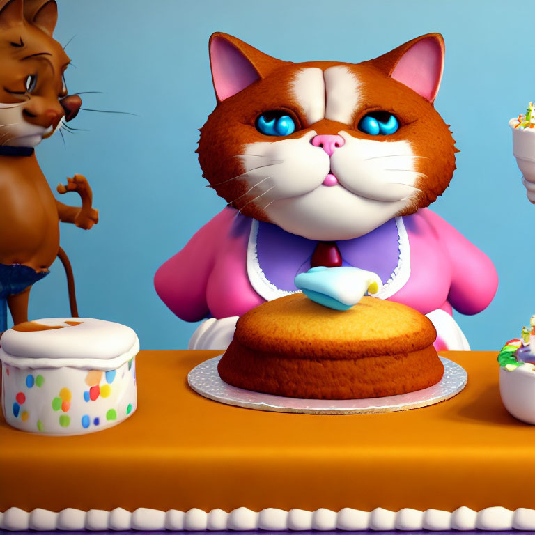 Vibrant 3D Illustration of Cats with Sponge Cake and Cups