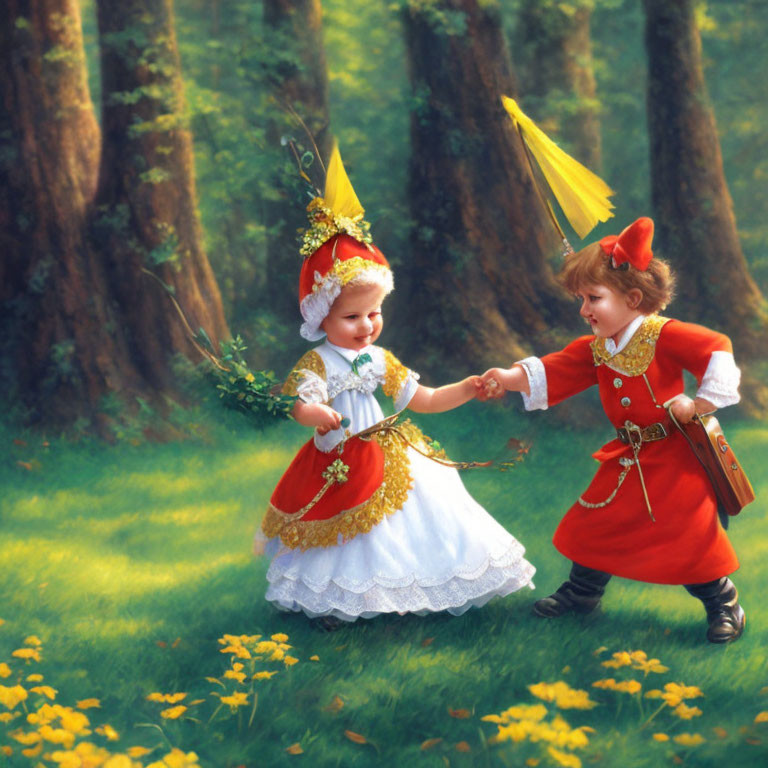 Children in royal costumes holding hands in sunlit forest with greenery and yellow flowers