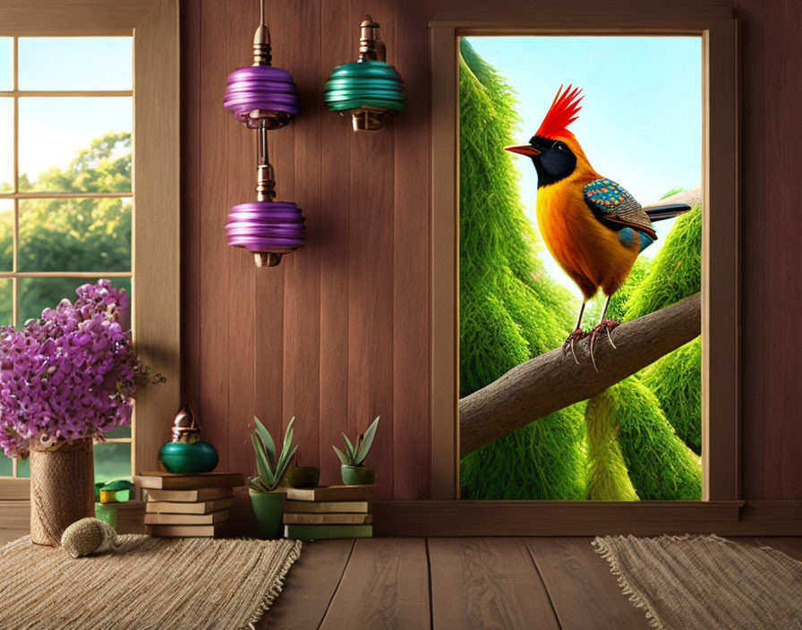 Colorful Bird Perched on Branch Outside Window with Purple Flowers, Books, Lanterns, and Plants