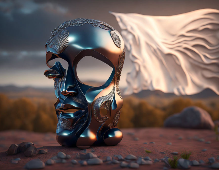 Reflective ornate mask with flowing white fabric in surreal desert sunset