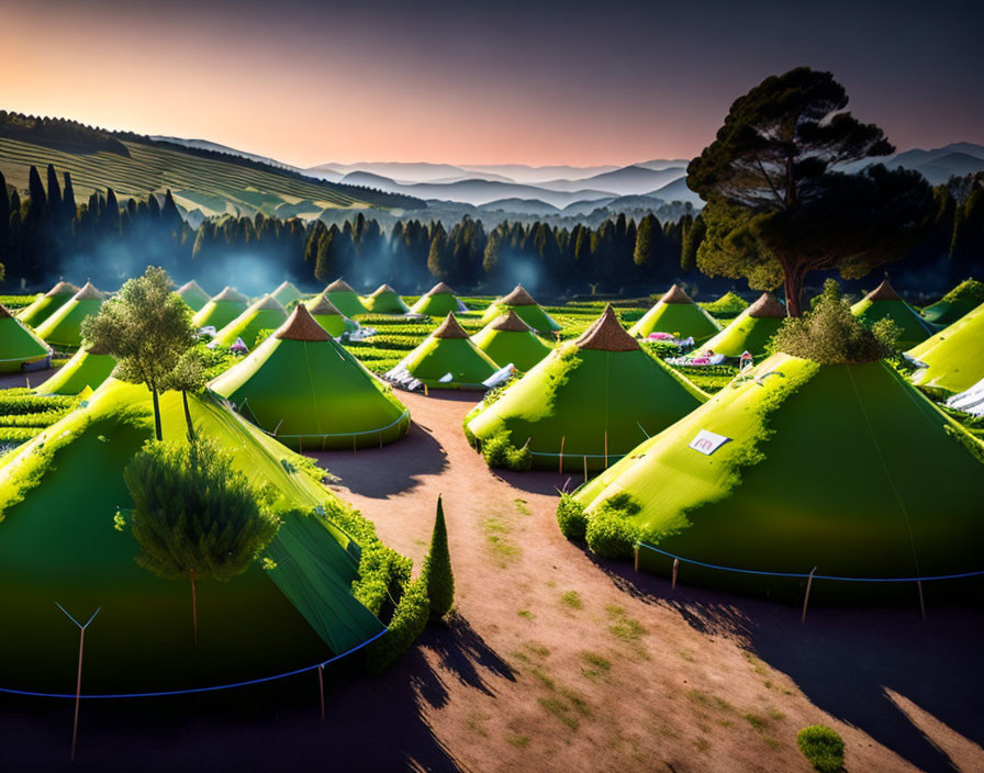 Green-roofed structures in lush park with misty hills