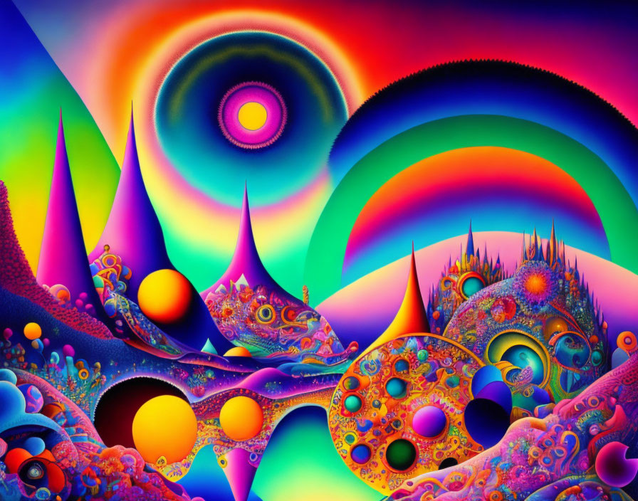 Colorful Psychedelic Landscape with Abstract Shapes and Rainbow Patterns