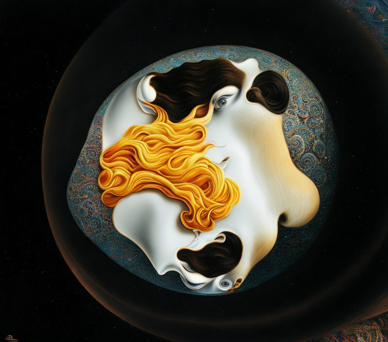 Stylized Yin-Yang Faces with Swirling Hair on Dark Background