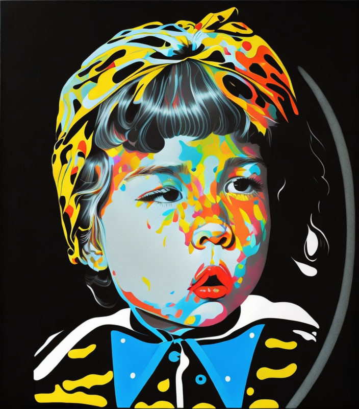 Vibrant pop art portrait of child with paint splashes and headscarf on black background