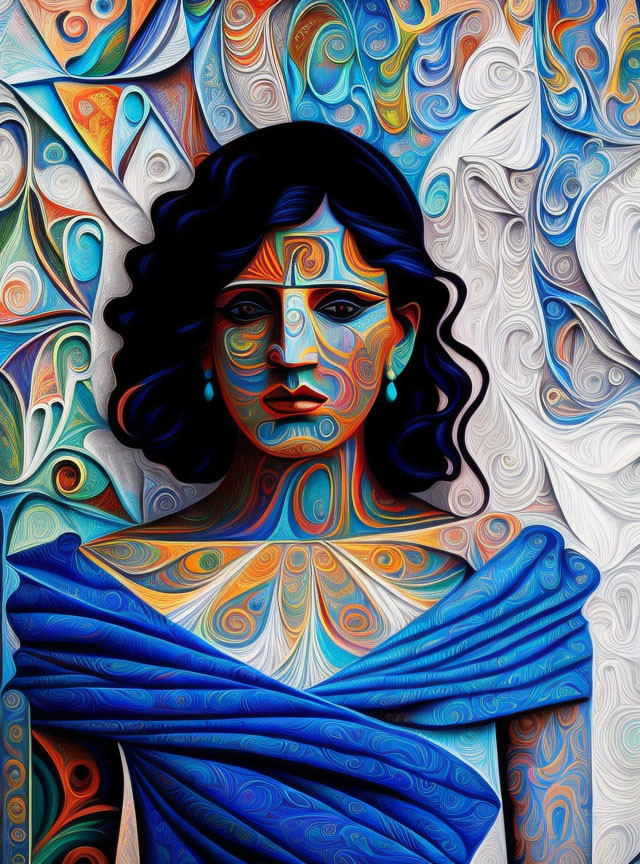 Colorful digital artwork of a woman with intense gaze and intricate swirling patterns