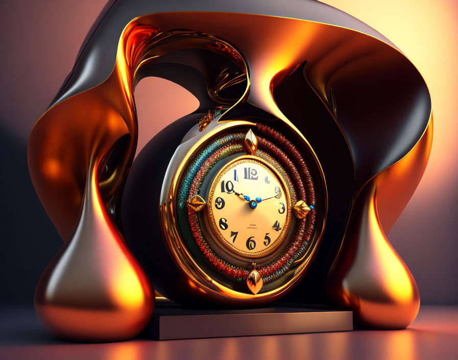 Surreal clock with fluid metallic shapes in warm golden and brown tones