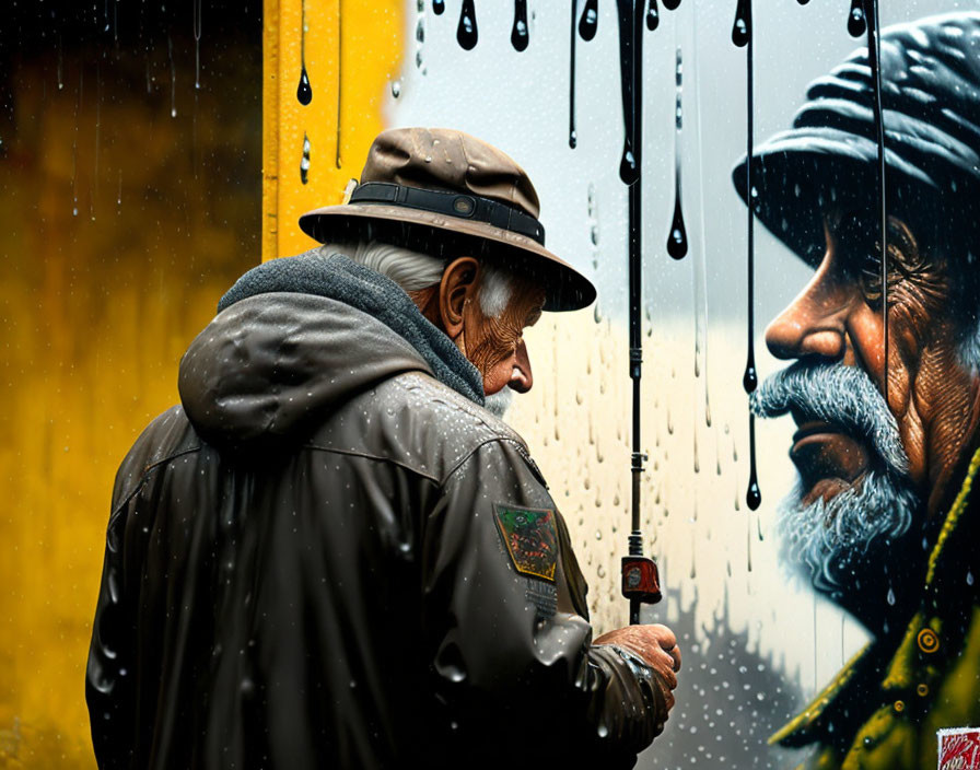 Elderly person in hat and raincoat beside vibrant street art of bearded figure on yellow wall