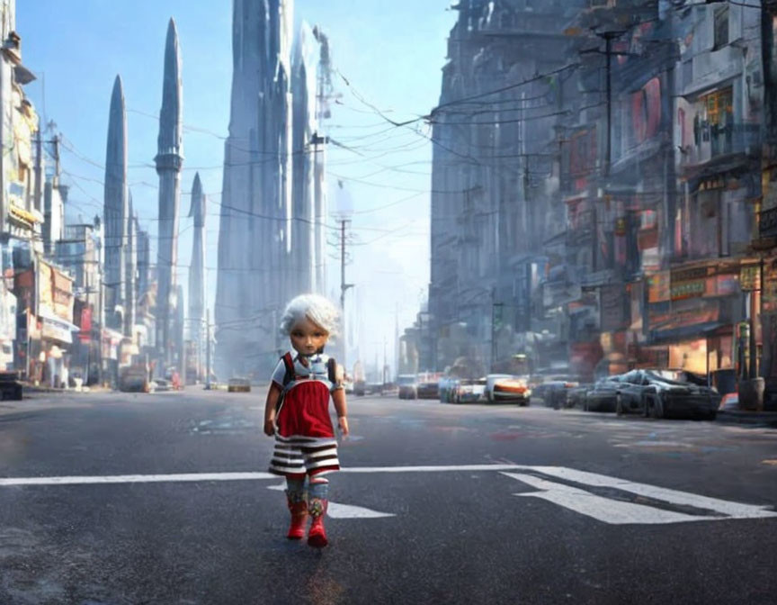 White-Haired Child in Red Dress Stands on Urban Street