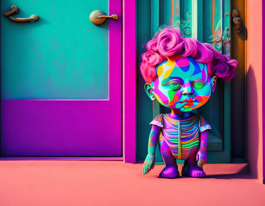 Vibrant surreal baby with colorful complexion by pink and teal doorway