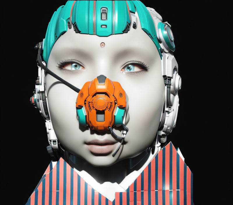 Robot with Turquoise Hair and Orange Mouthpiece in Striped Garment