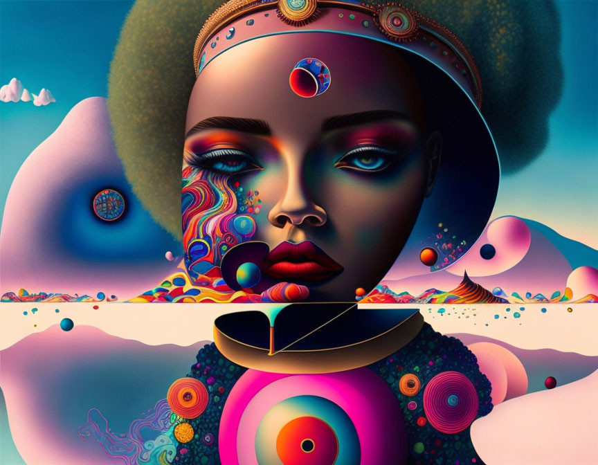 Colorful surreal portrait blending woman and landscape against blue sky