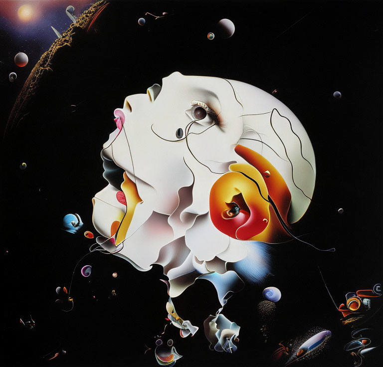 Abstract surreal artwork featuring floating orbs, abstract faces, and cosmic elements