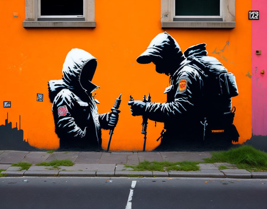 Street art: Two figures in hazmat suits with astronaut helmets playing chess on orange background