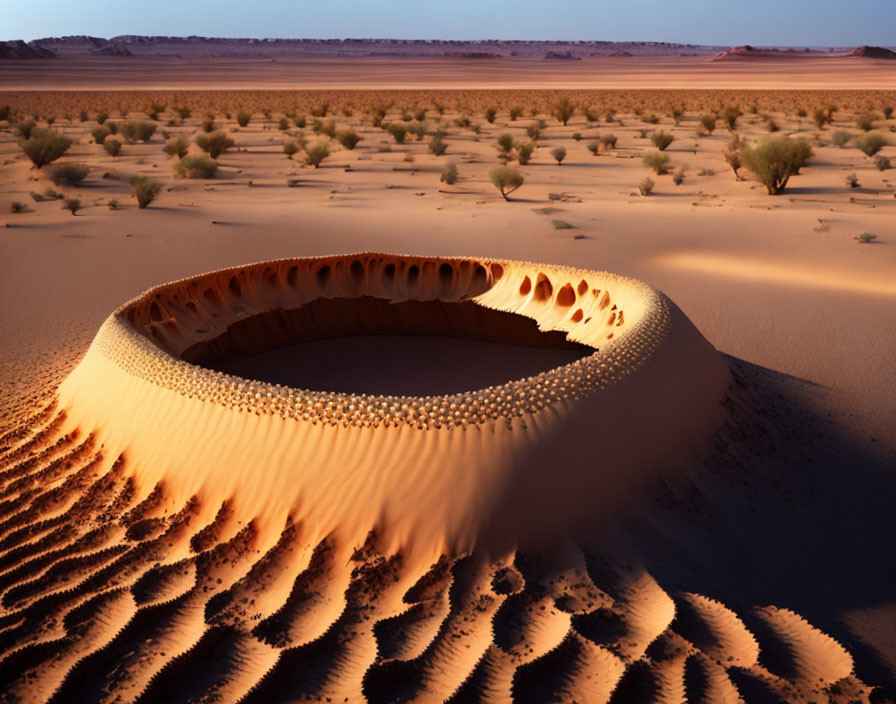 Circular Sand Structure with Honeycomb Interior in Desert Twilight