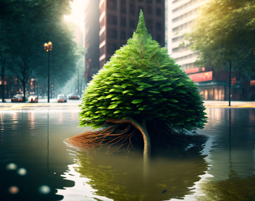 Lush tree in flooded city street under hazy sunlight