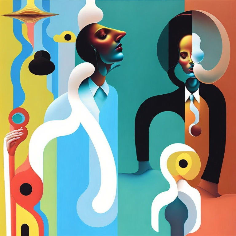 Vibrant surreal art: abstract human forms, elongated shapes.