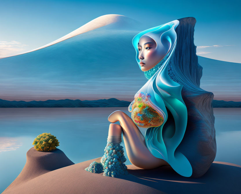 Surreal artwork of woman merging with mountain landscape holding glowing earth near serene water under twilight sky