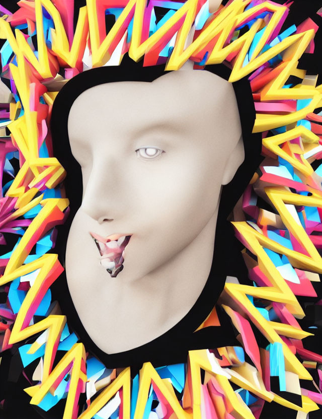 Surreal white mannequin head with single eye and colorful tubular shapes.