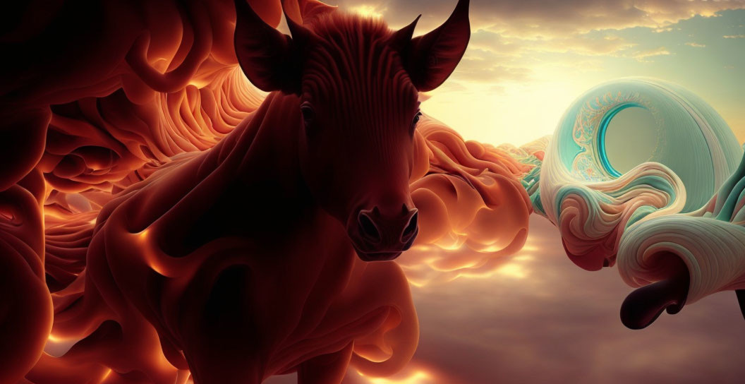 Surreal bull and wave illustration with ornate designs in warm and cool colors