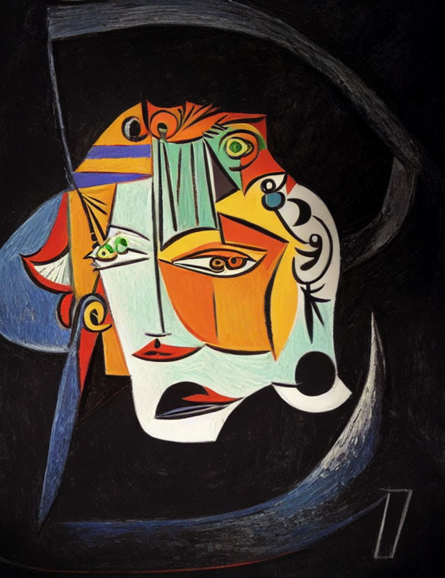 Colorful Cubist Portrait with Overlapping Faces and Geometric Shapes