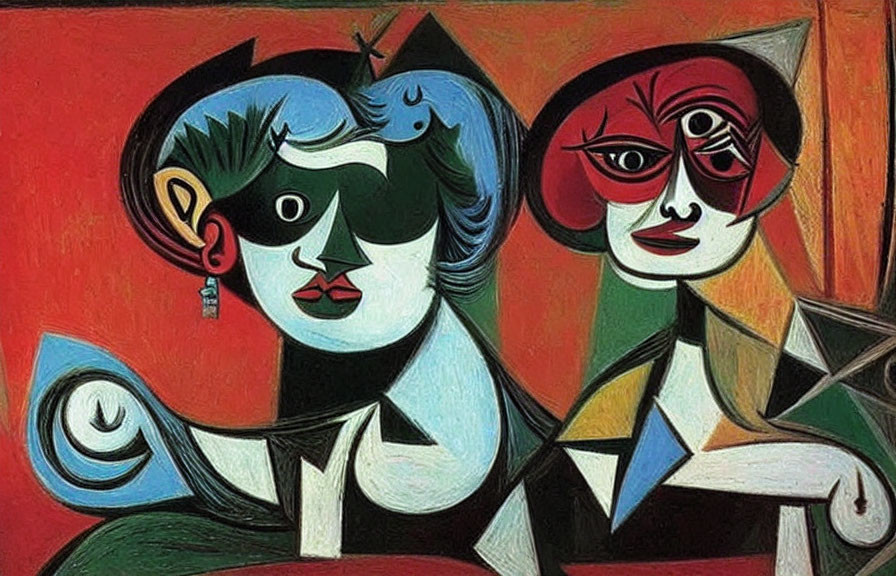 Vibrant Cubist Art: Two Women with Distorted Features