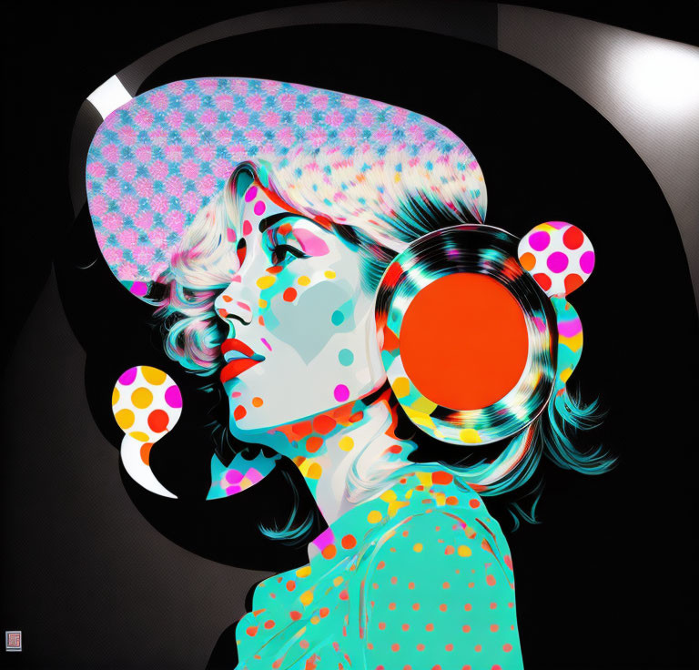 Colorful woman with polka dots, psychedelic hat, and headphones on dark background