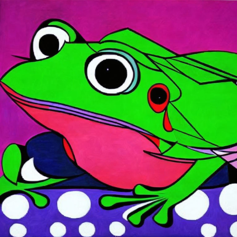 Vibrant cartoon drawing of a green frog with pink tongue