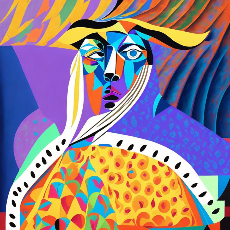 Colorful Cubist-Style Painting with Abstract Figure