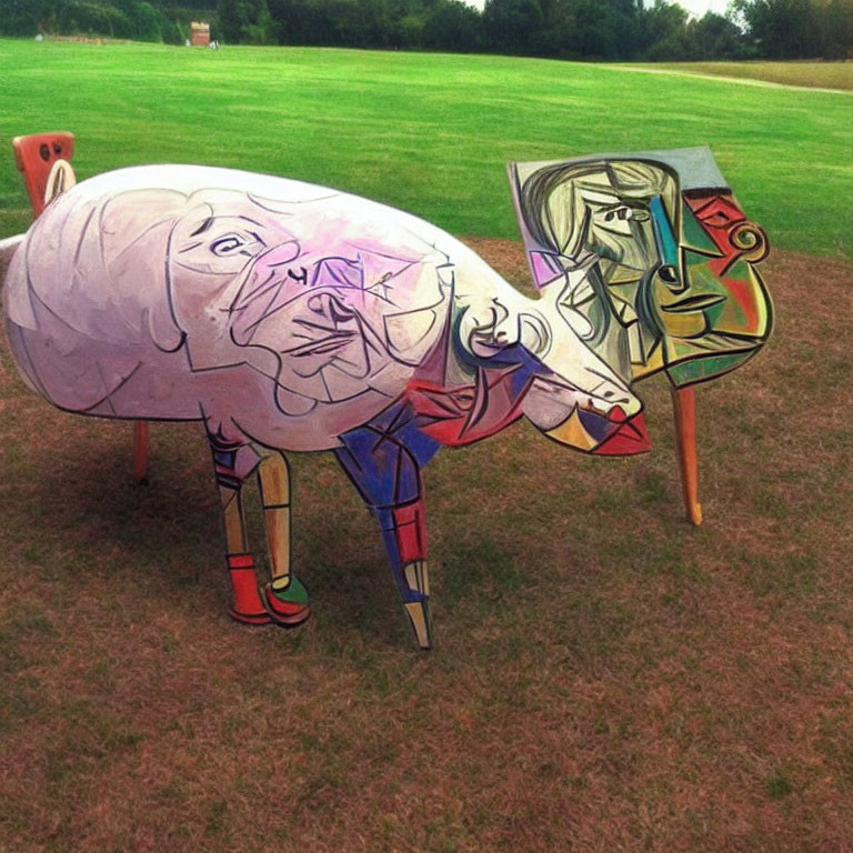 Colorful Cubist-Style Pig and Bird Sculptures in Outdoor Art Installation