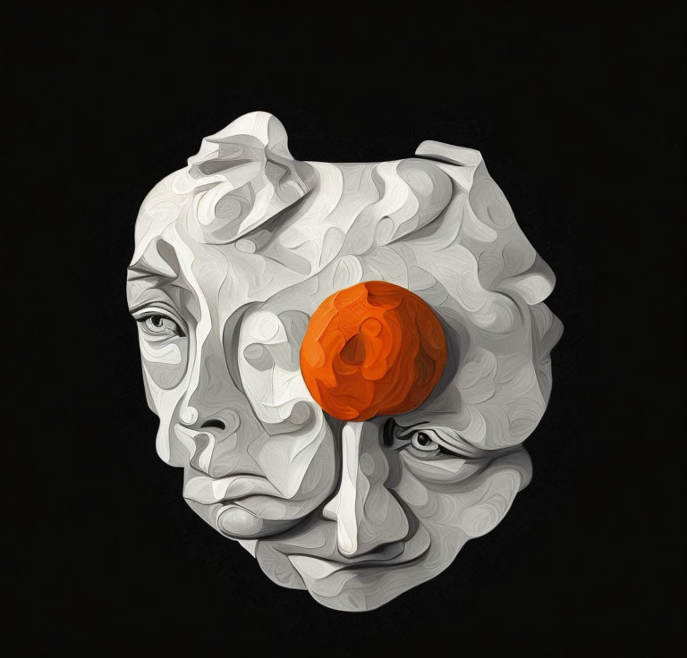 Abstract Art: Fragmented Face with Swirl Patterns and Orange Sphere on Black Background