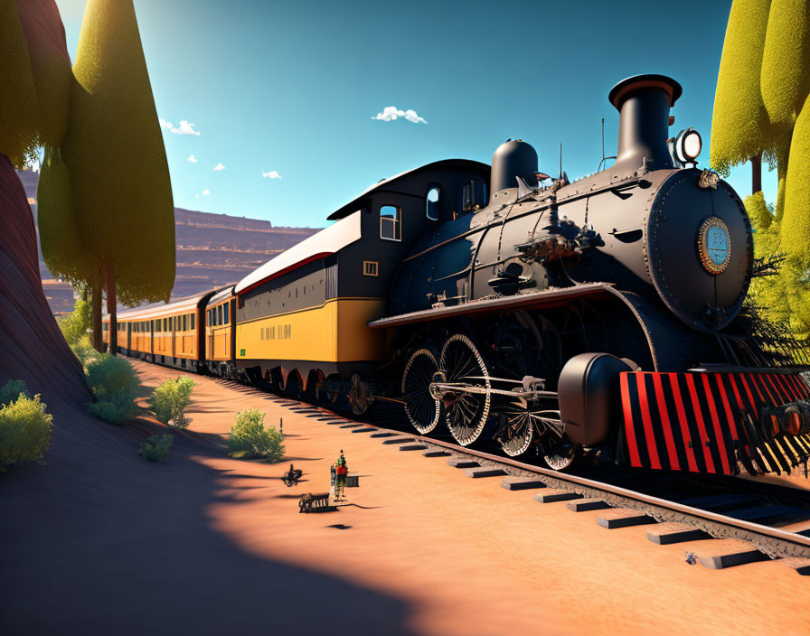 Vintage Steam Locomotive and Yellow Passenger Cars in Arid Landscape