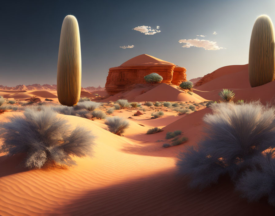 Surreal desert landscape with oversized cactus-like plants and sand dunes