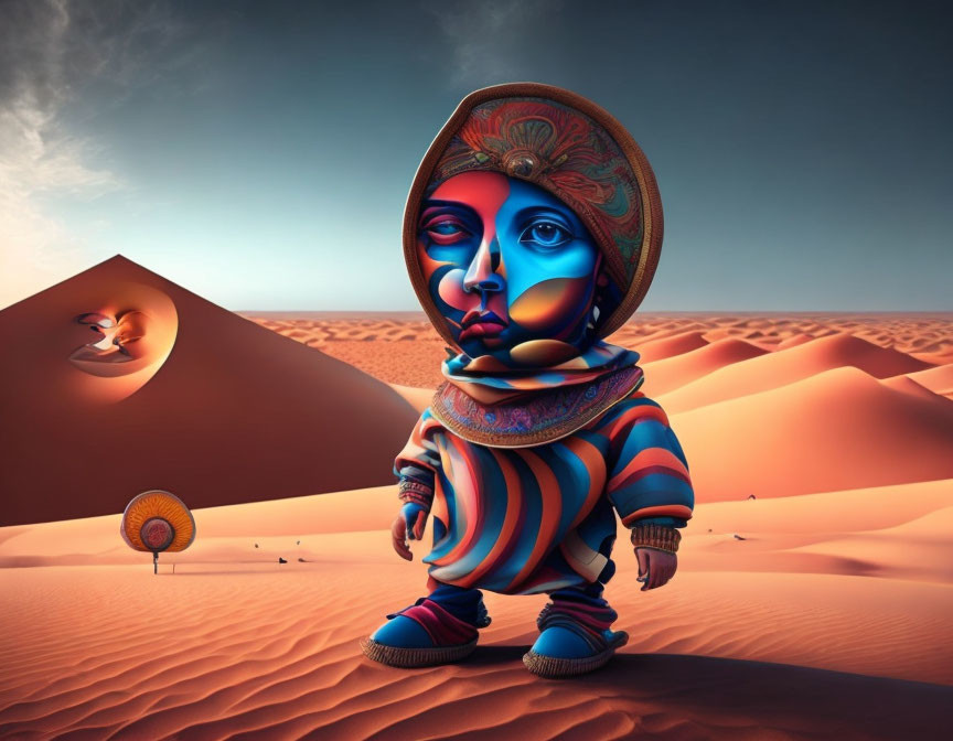 Colorful Stylized Character in Desert with Pyramids and Warm Sky