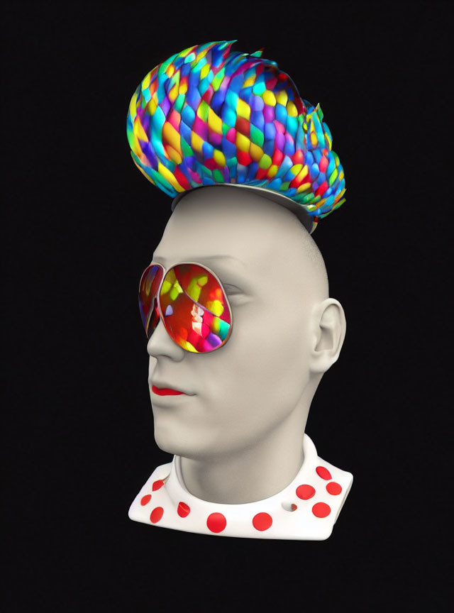 Colorful Turban and Rainbow Sunglasses on 3D-Rendered Clown Head