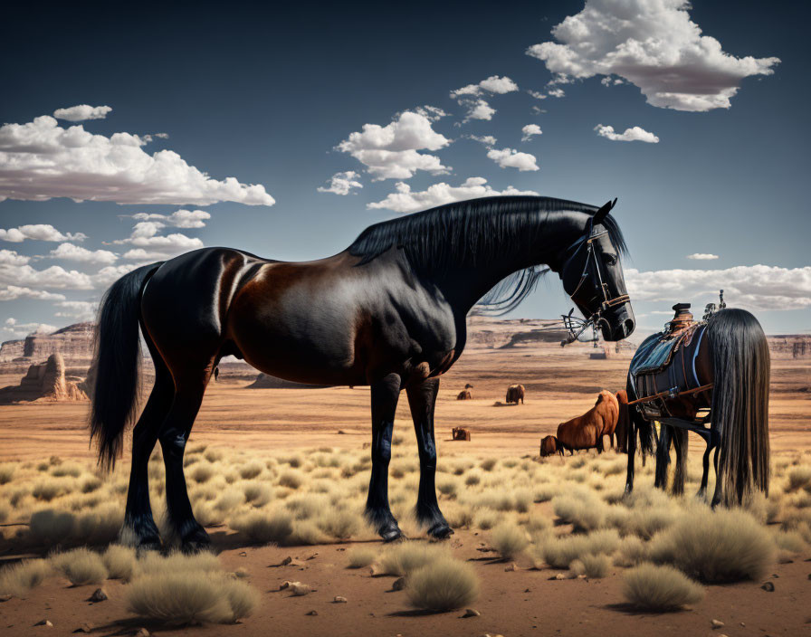 Desert landscape with cowboy riding wagon and black horse