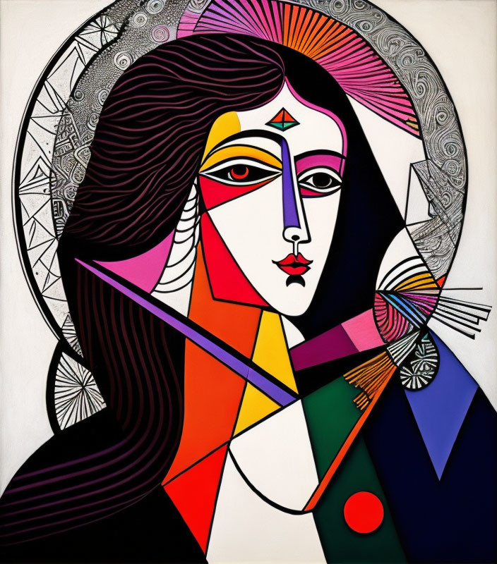 Vibrant geometric abstract painting of woman's profile