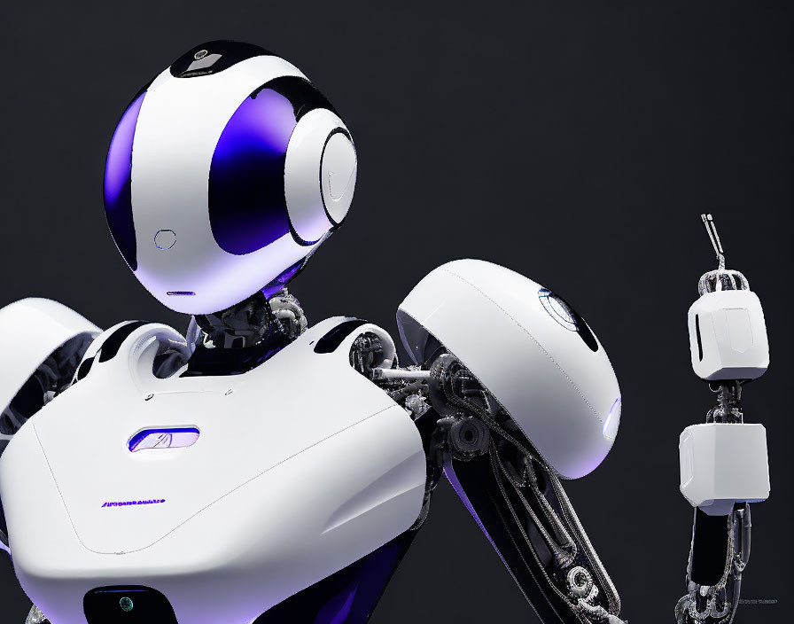 Futuristic white-and-black robot with articulated arms on gray background