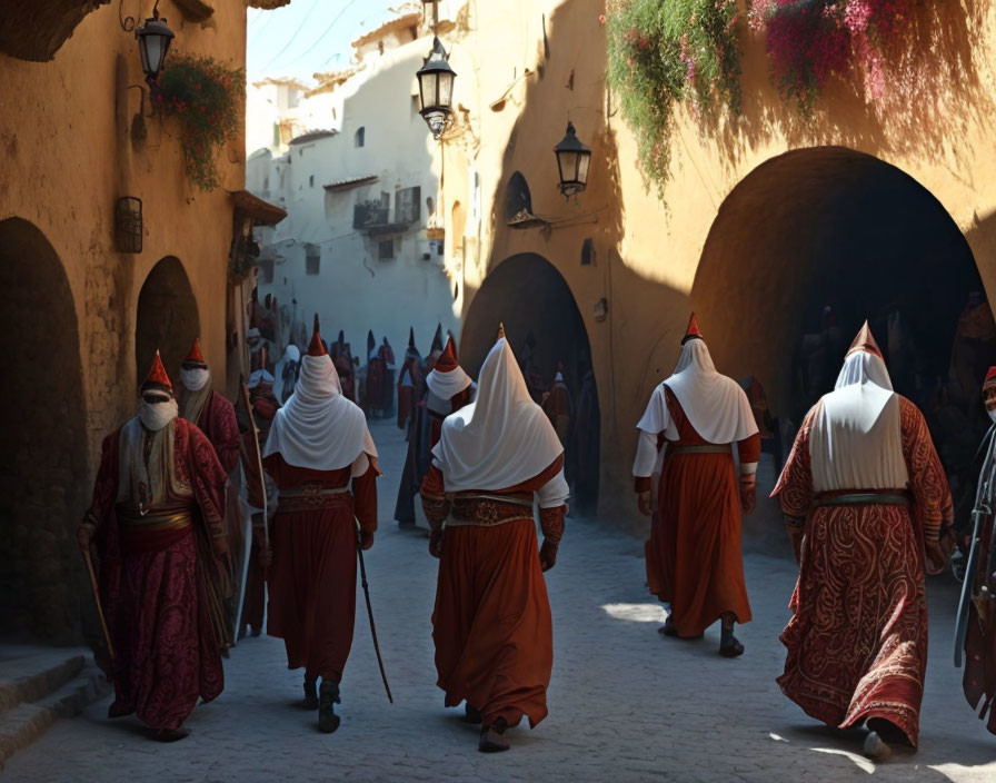 Traditional Garb Group Walking in Sunlit Historic Alleyway