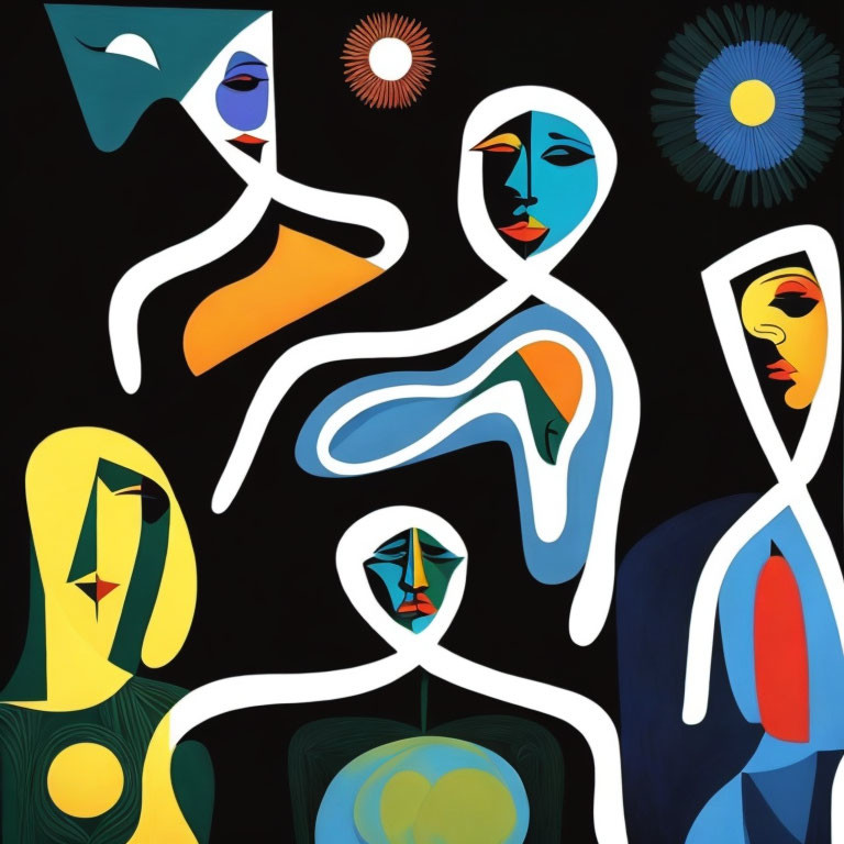 Colorful Abstract Cubist-Style Figures on Black Background