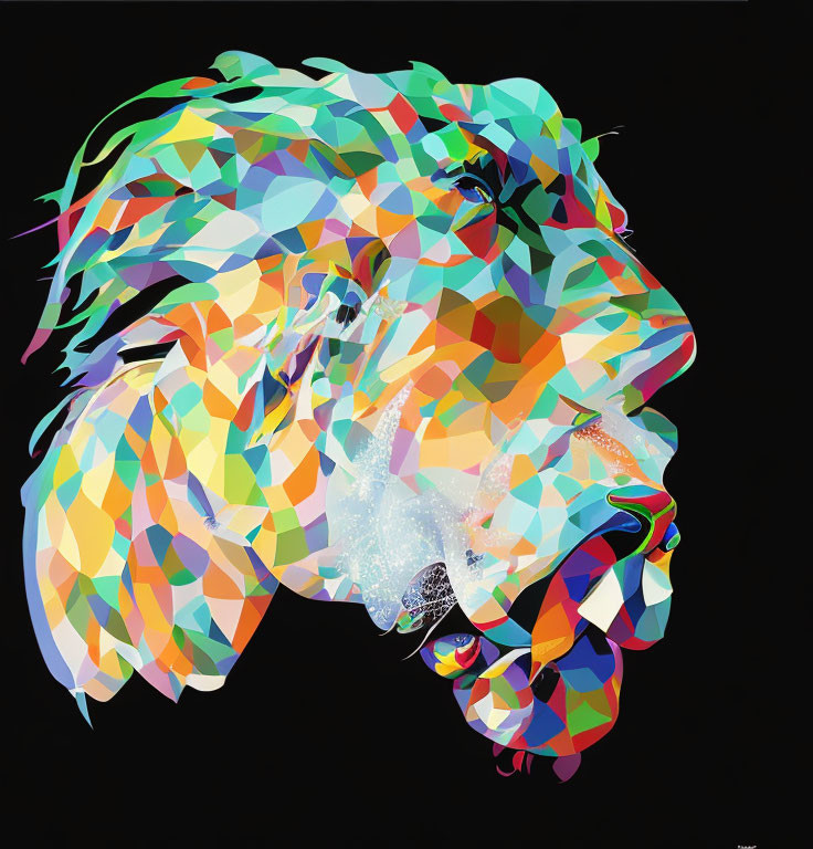 Colorful polygon mosaic lion head digital art on black background