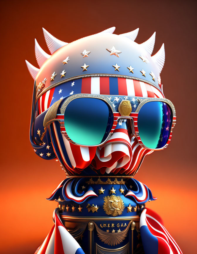 Character with American flag head, aviator sunglasses, and military uniform