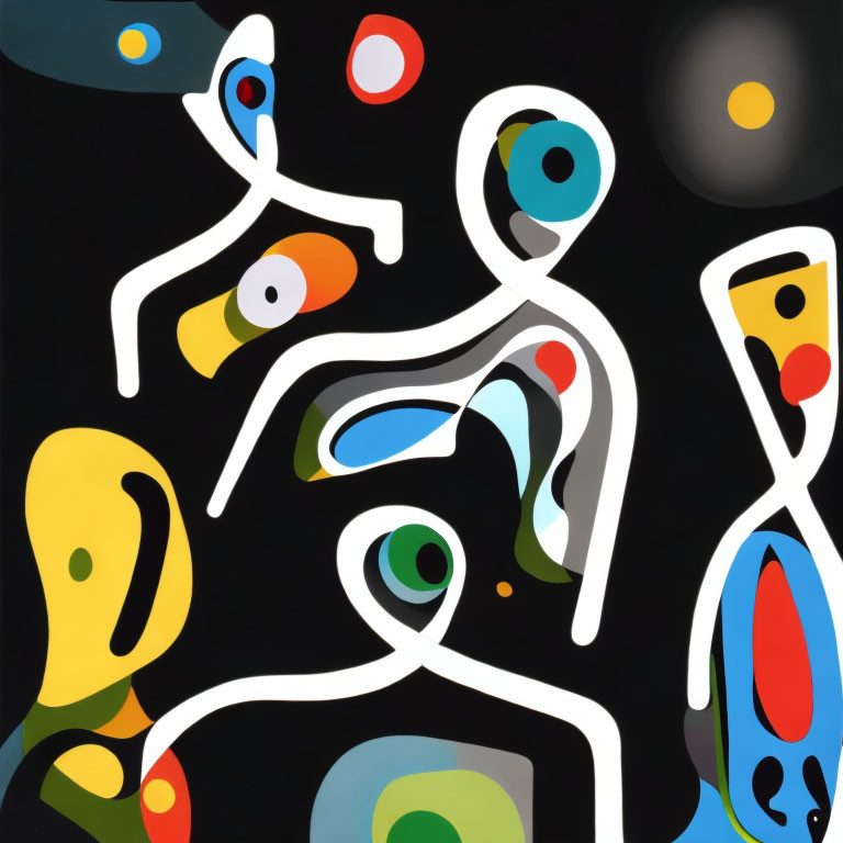 Colorful Abstract Painting: Whimsical Figures & Shapes on Black Background