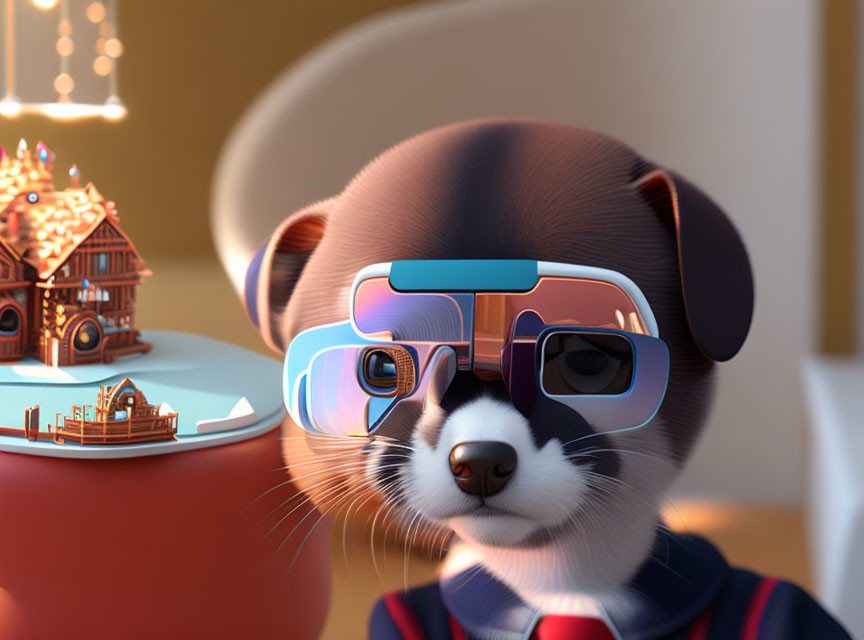 Animated dog wearing glasses, hat, and scarf in festive room with gingerbread houses