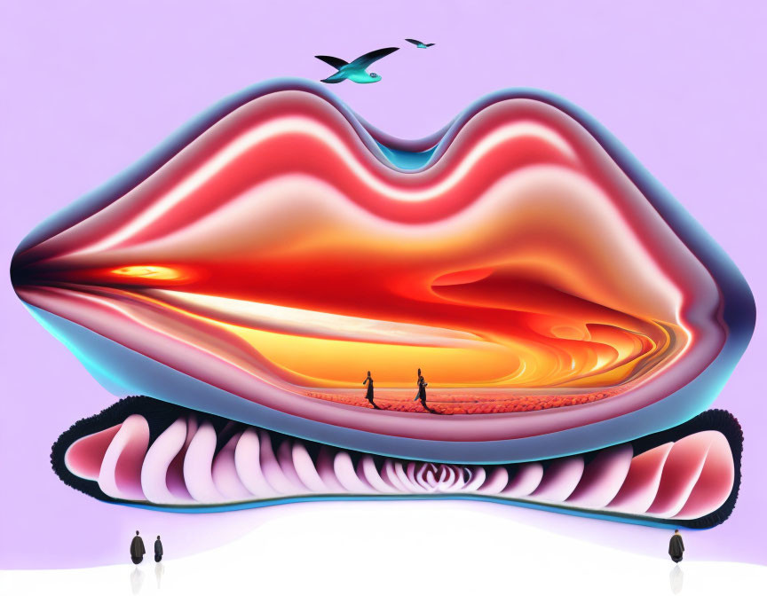 Abstract digital artwork: surreal landscape in lip-shaped frame with human figures & flying bird