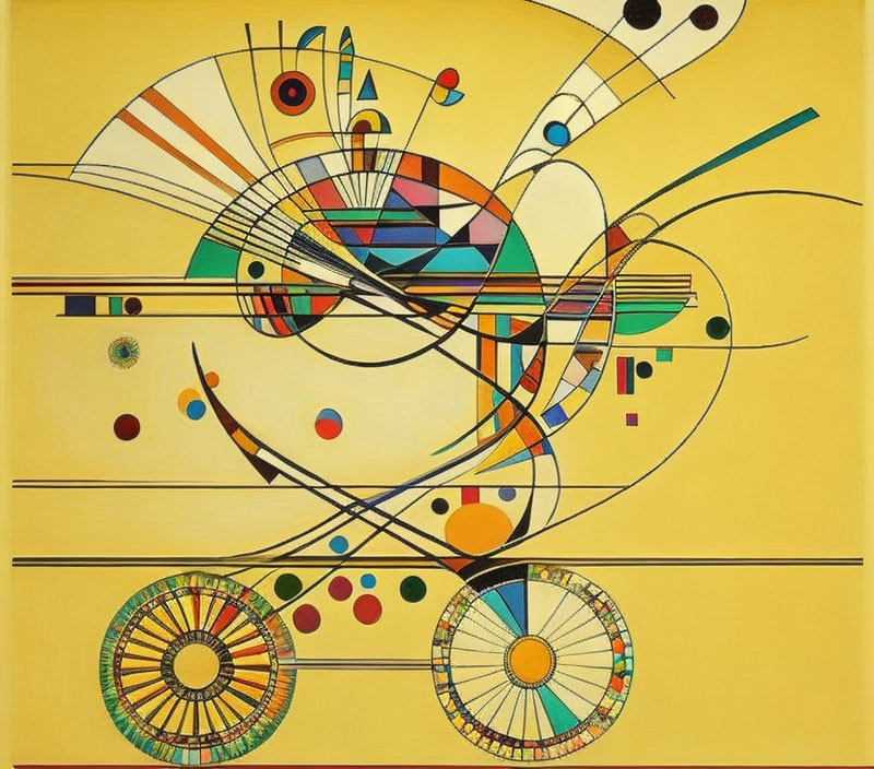 Colorful Geometric Art: Vibrant Circles, Lines, and Shapes on Yellow