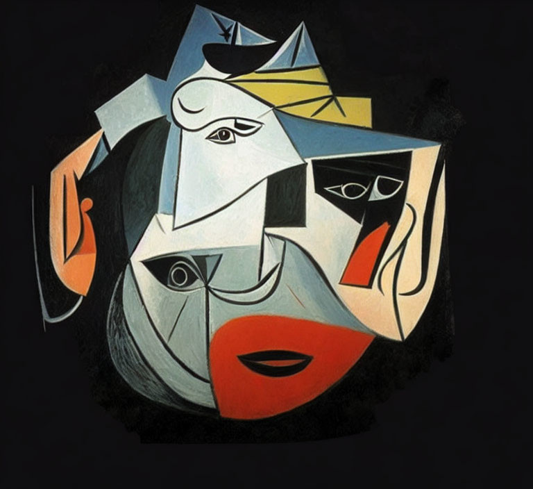 Geometric Cubist Artwork of Fragmented Figure on Black Background