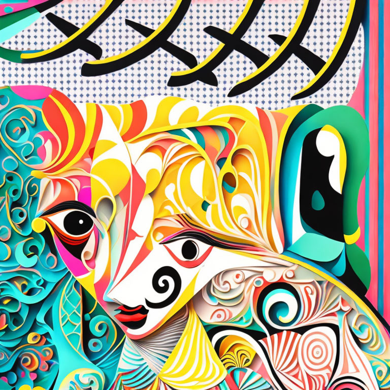 Vibrant abstract digital artwork: stylized face, intricate patterns, geometric background